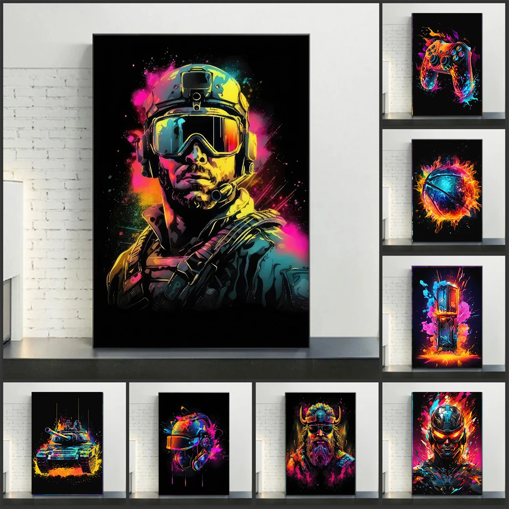 Pop Neon Video Game Character Wall Art Poster Gamepad Headset Soccer Mouse Canvas Painting Gaming Room Home Decor Neon Wallpaper