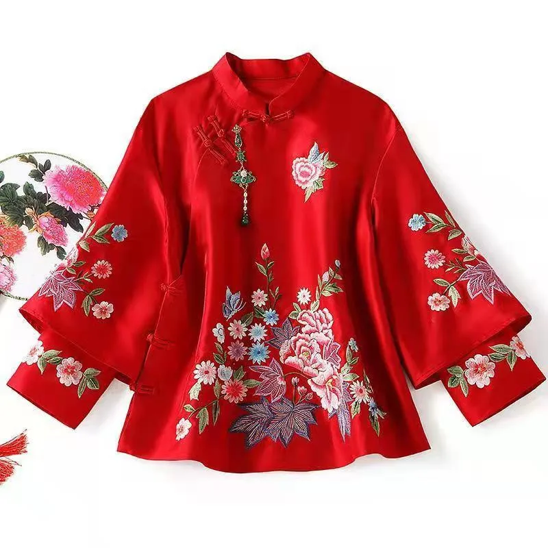 Ethnic Style Tang Suit Women Blouse Vintage Harajuku Embroidery Chinese Tops Elegant Loose Spring Autumn New Female Shirt Hanfu