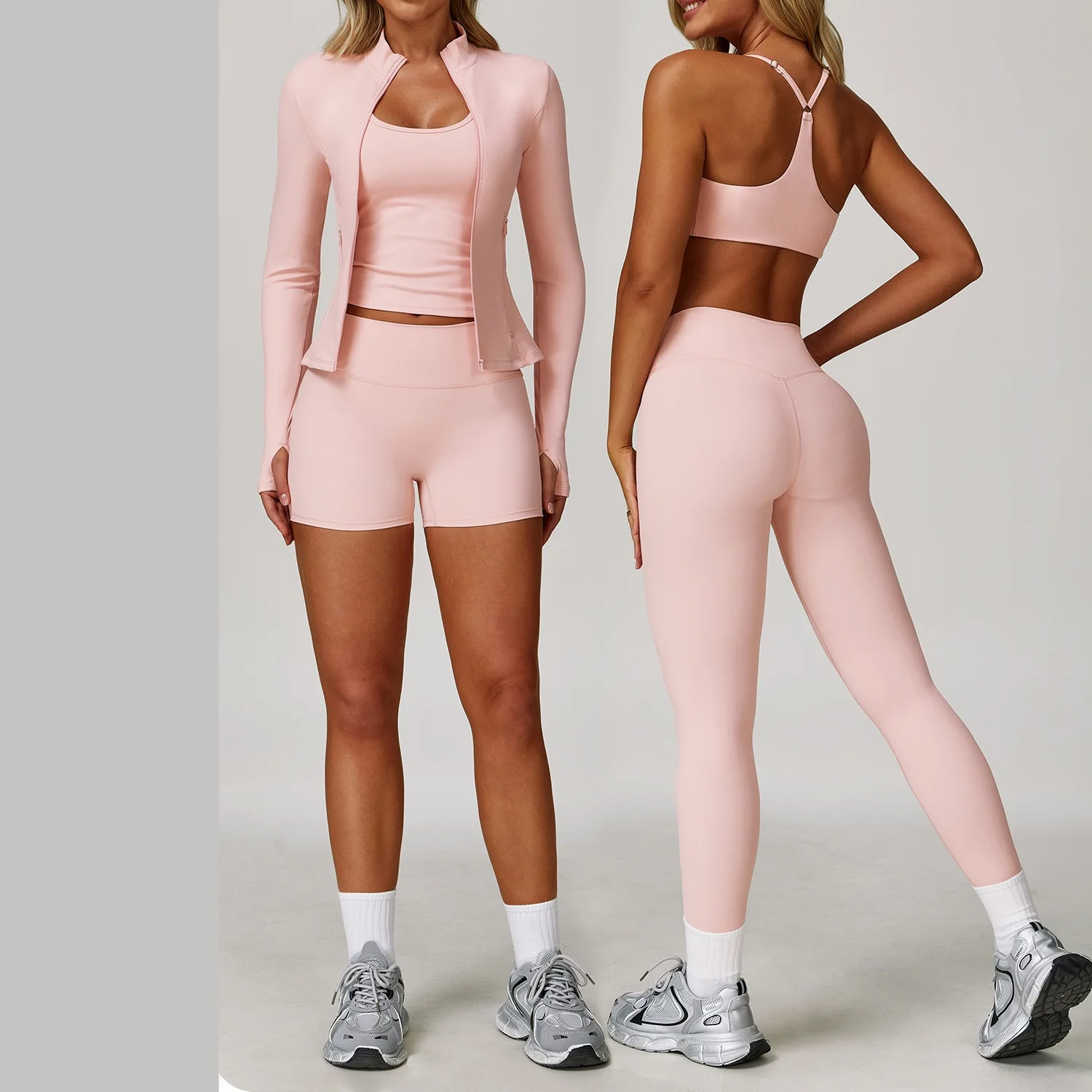 

New Women Solid Color 2/3PCS Fitness Yoga Set Stretch Athletic Suit Sexy Bra Zipper Jacket High Waist Leggings Female Sportswear