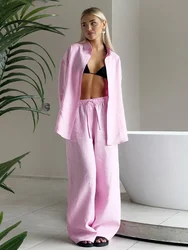 Wolfeel Casual Shirt Pants Sets 100% Cotton Women's Solid Color Cozy Lapel Long Sleeve Summer Outfit Elastic Waist Pants Suits