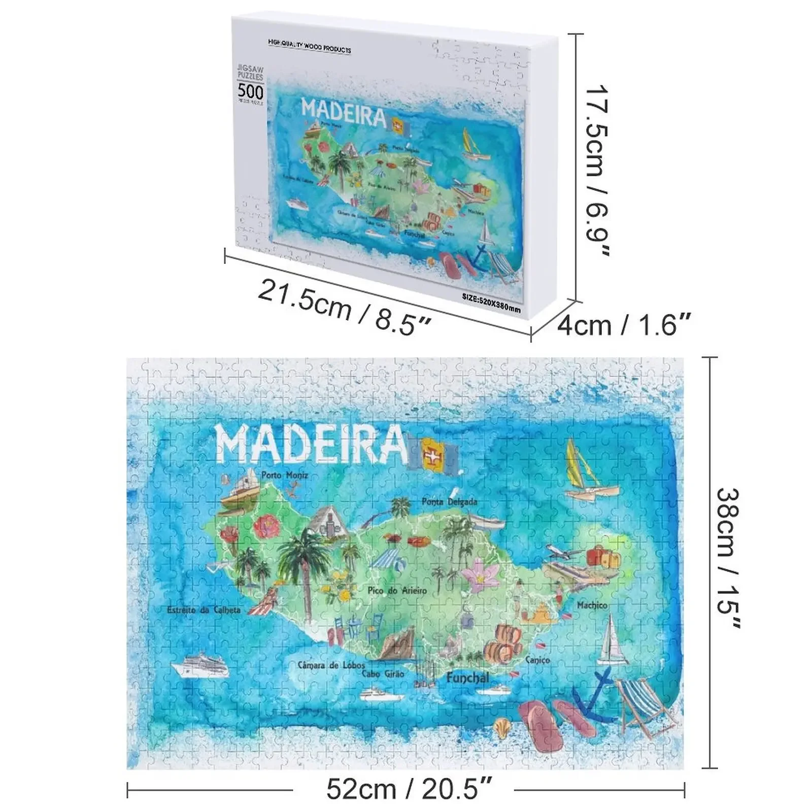 Madeira Portugal Eiland Geïllustreerde Kaart Met Oriëntatiepunten En Hoogtepunten Legpuzzel Op Maat Hout Gepersonaliseerde Puzzel