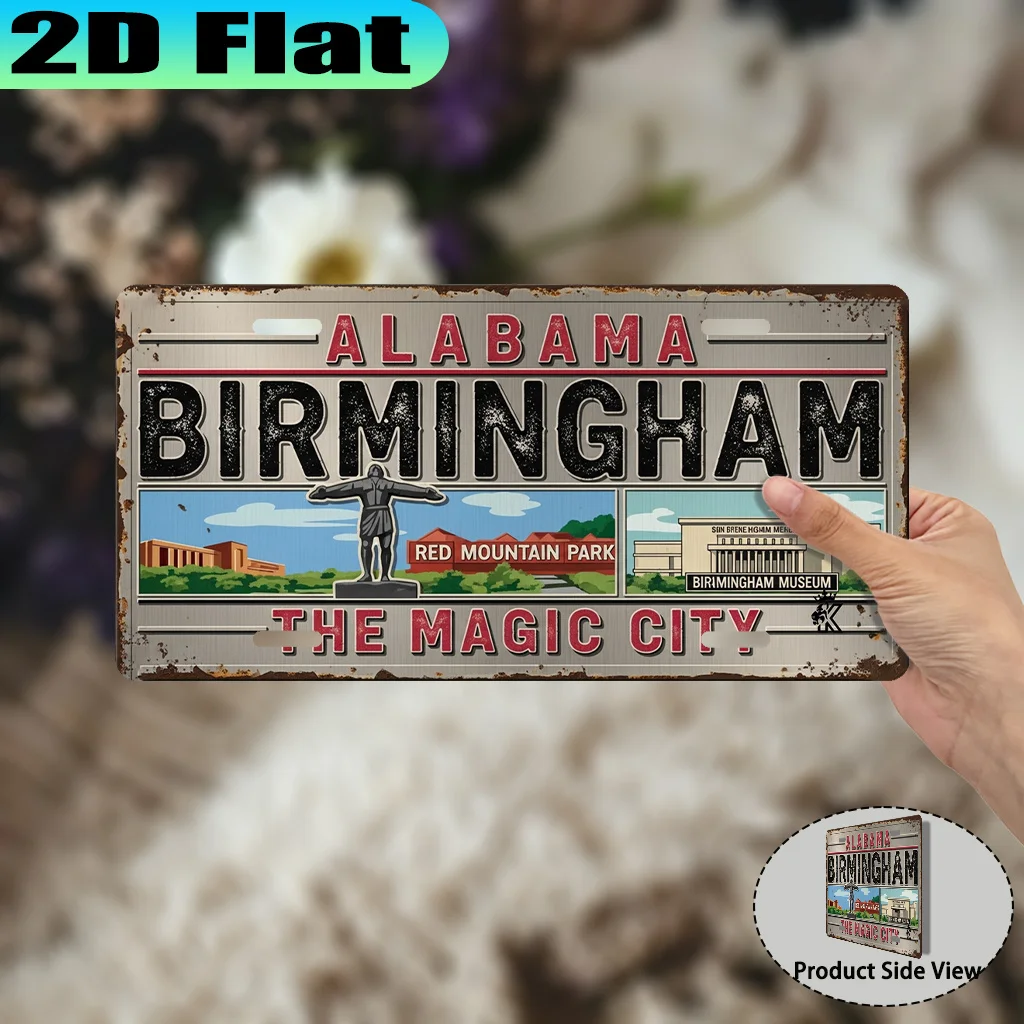 2D Flat, 1pc Birmingham Magic City Vintage Aluminum License Plate Sign, Vintage Urban Style, Travel Enthusiast Gift