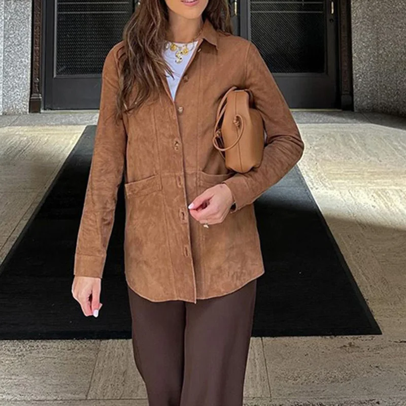 MSCSZ Brown Suede Jacket Women Long Sleeve Button Up Shirt Jacket Vintage Windbreaker Jacket Autumn Winter Coat Woman 2024