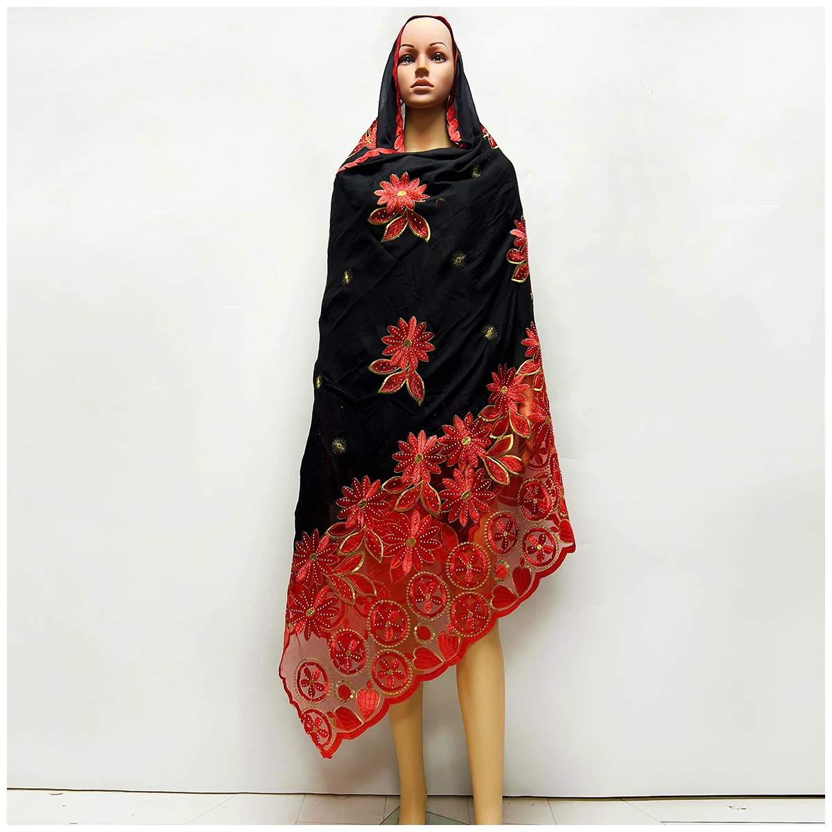 2024 Hot Sale Fashion Muslim  African Women Dubai Scarf Big Size Embroidery Cotton splicing with Net Women Hijab Scarf 220*105