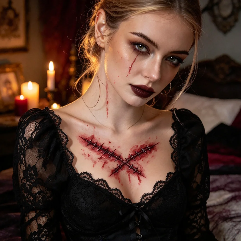 6 Pcs Halloween Scar Tattoos, Realistic Fake Wound Blood Temporary Tattoos, Assorted Styles Zombie Makeup Stickers for Costume Party