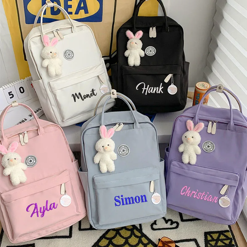 Mochila personalizada bordada de gran capacidad para estudiantes, bolso escolar de nailon, Color sólido, regalo para niños