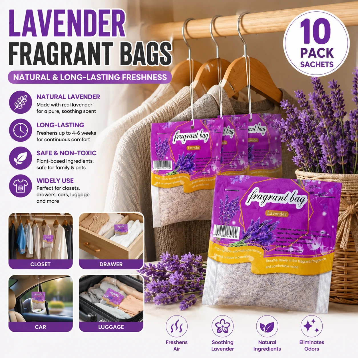 Lavender Sachet Air Freshener Natural Hanging Deodorizer for Closet Wardrobe Drawer Bedroom Car