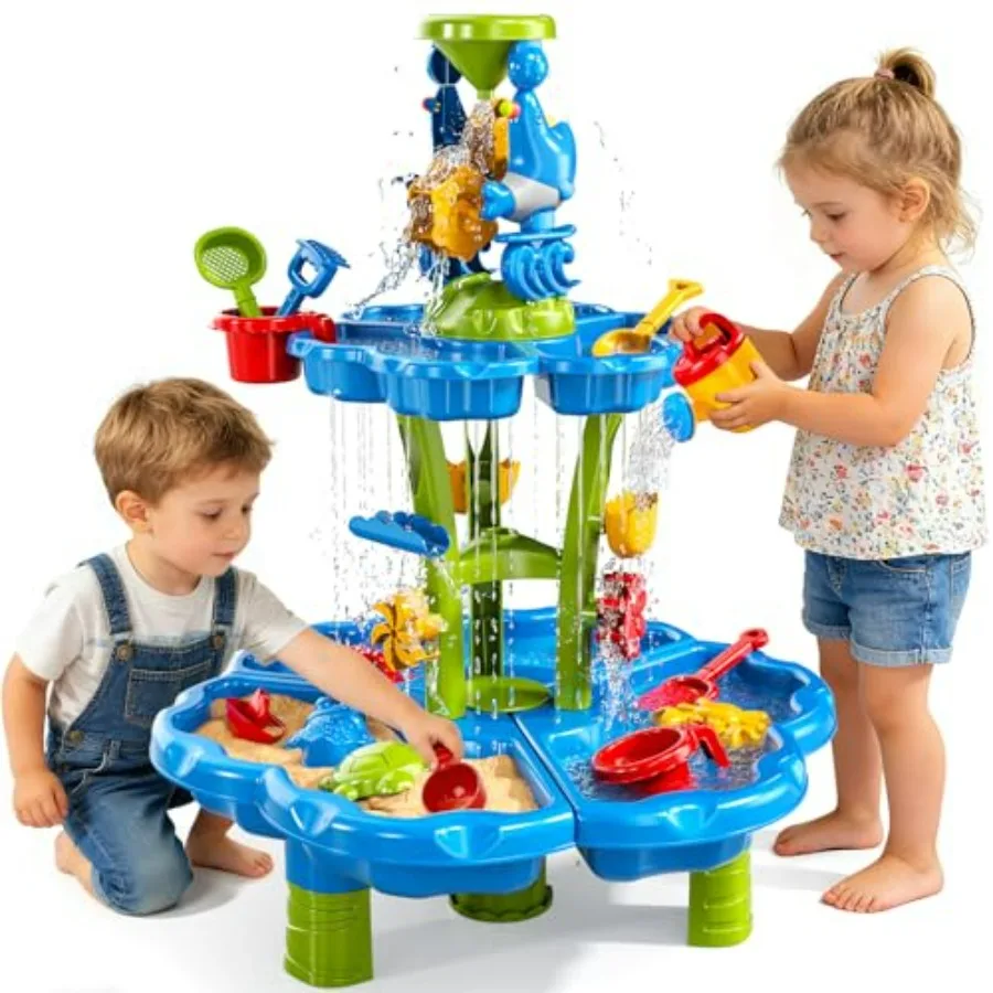 3-Tier sand and water table for toddlers 1-3 and 3-4 years old, plastic, blue and yellow, collapsible with storage compartments