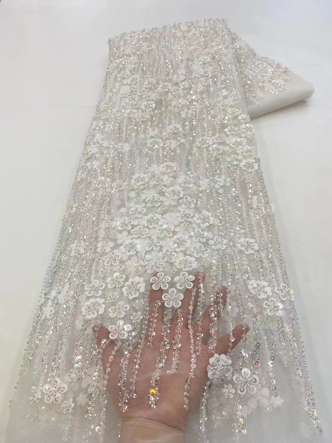 2024 Luxury 3D Lace Fabric Dubai Hand Beaded Tulle Lace Fabric Embroidered Applique African Nigerian Fabric For Sewing