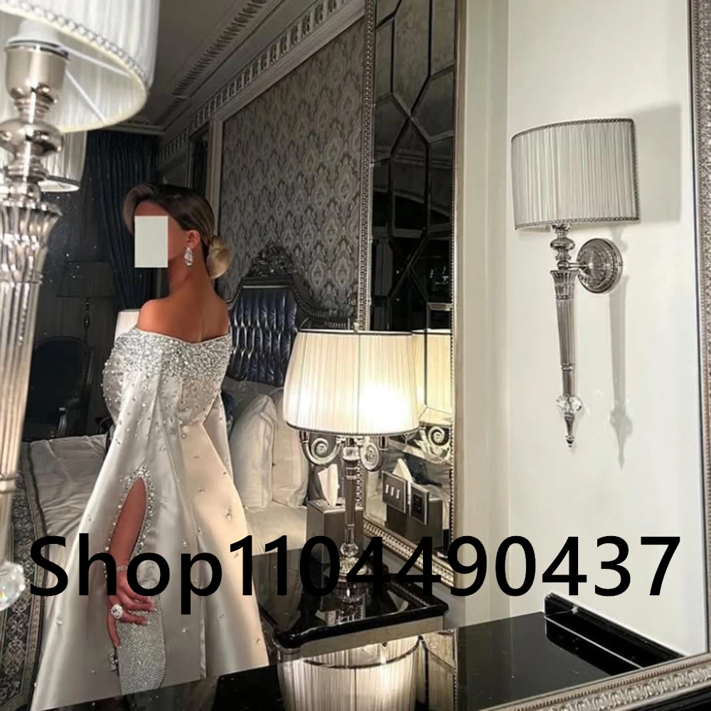 Customized Boat Neck Silver Satin A-line Evening Dress Sequined Beading Sleeveless Backless Floor Length Pageant Party Prom Gown image 2
