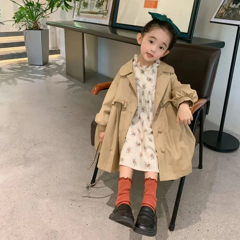 Girls Fashion Outerwear Spring Autumn Children Clothes Korean Style All-match Bow-knot Coat Children's Mid-length Windbreaker