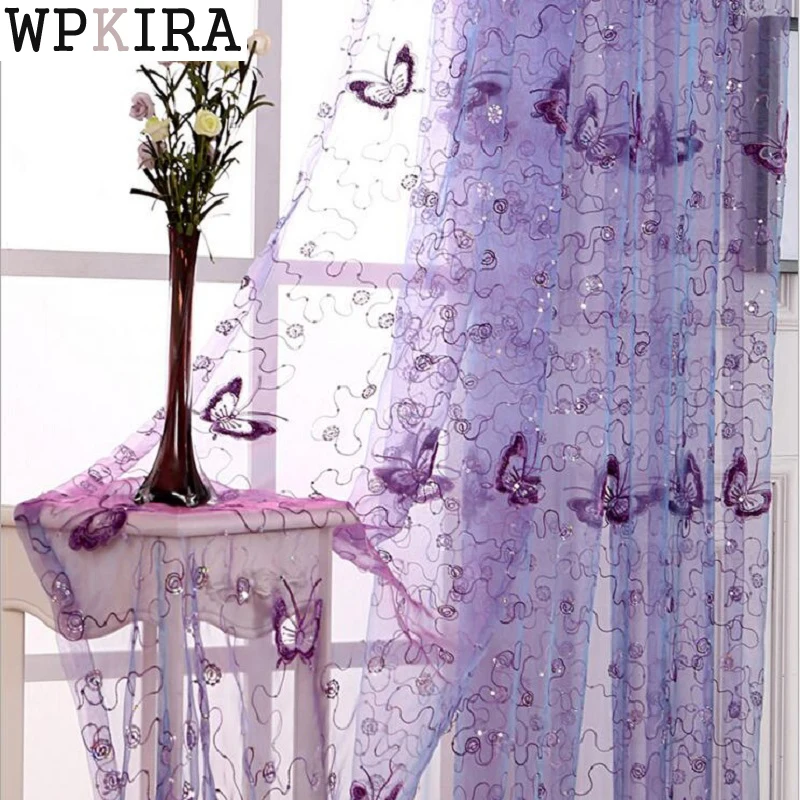 Romantic Modern Embroidered Sequins Butterfly Rustic Sheer Purple Voile Curtains for Living Room Bedroom Kitchen 344&C