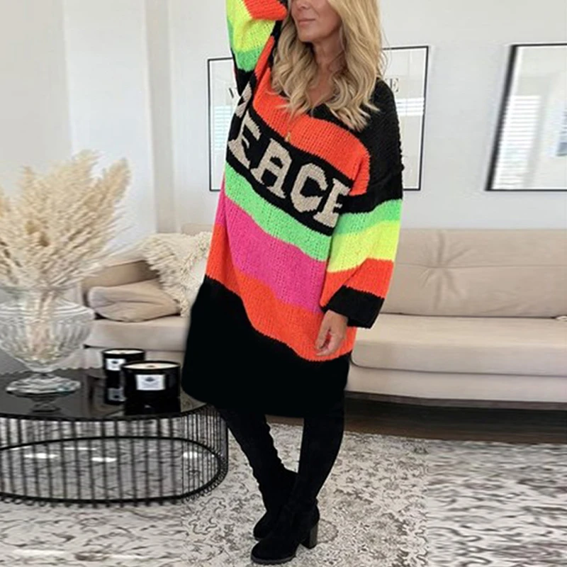 Casual V Neck Long Sleeve Knitted Dress Fashion Rainbow Stripe Dopamine Women Sweater Autumn Ladies Loose Long Pullover Dresses