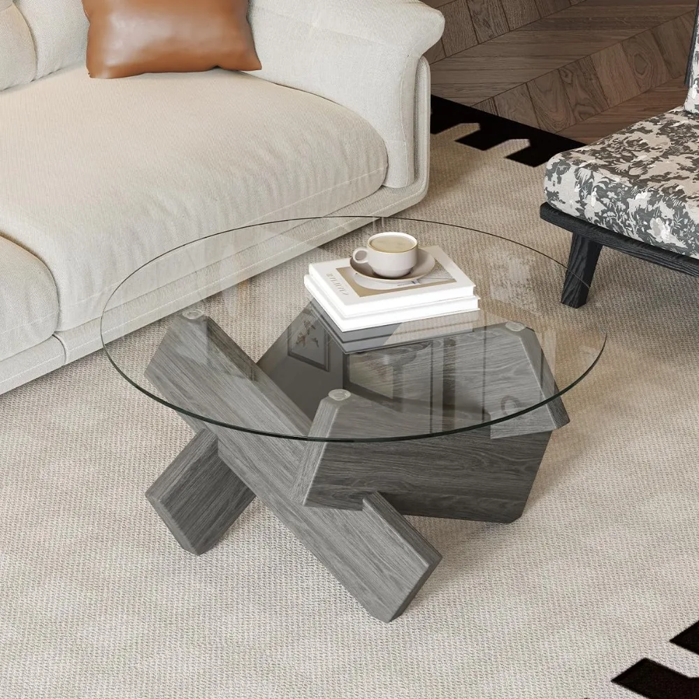 

Gray Round Glass Coffee Table,33-Inch Coffee Tables for Living Room Clear Circle Accent Table Adapts to Farmhouse and Contempora