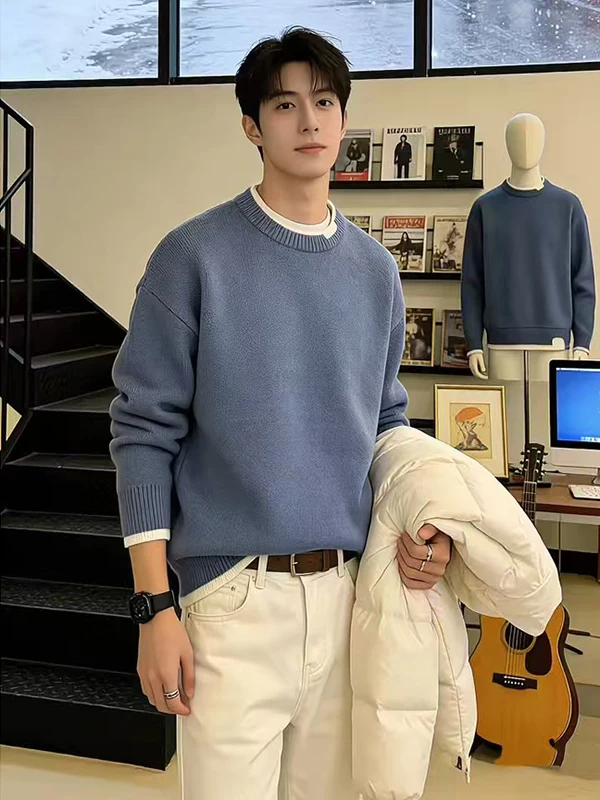 

Korean Sle Thiened round Ne Knitted Sweater Men's Autumn Winter Blue Warm Inner irt Base Layer Top