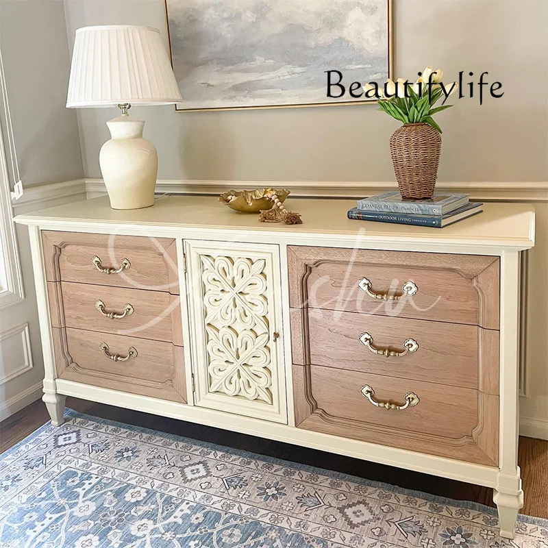 

French contrasting solid wood chest small apartment bedroom storage cabinet American living room wall carved drawer cabinet