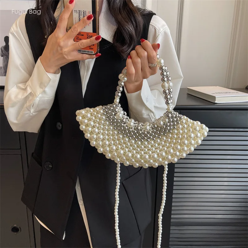 Women's Handbag Single Shoulder Crossbody Bag New Fashionable and High-end Feeling Luxurious Pearl Weaving Fairy Beach Leisure