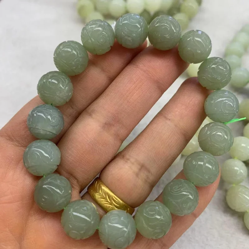 

Qinghai Material Carving Fret Beads 12mm Bracelet Hetian Jade Clear Water Return Pattern Hand