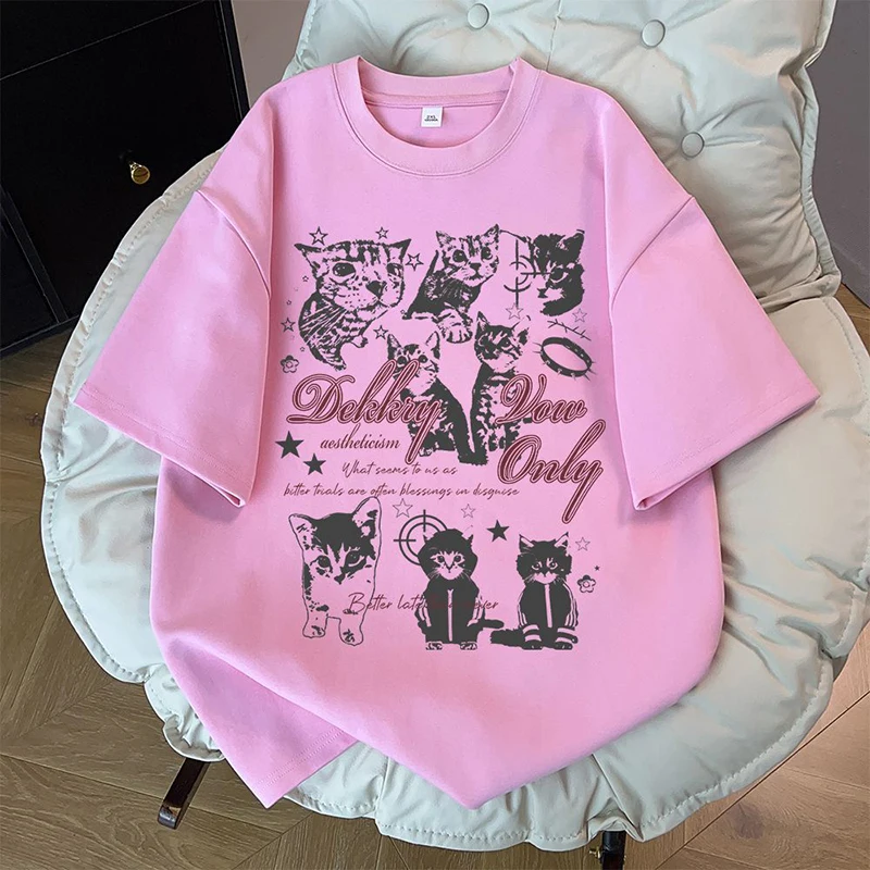 

100% pure cotton Korean-style Hong Kong-style college style summer men's and women's fashion new pink short-sleeved T-shirt.