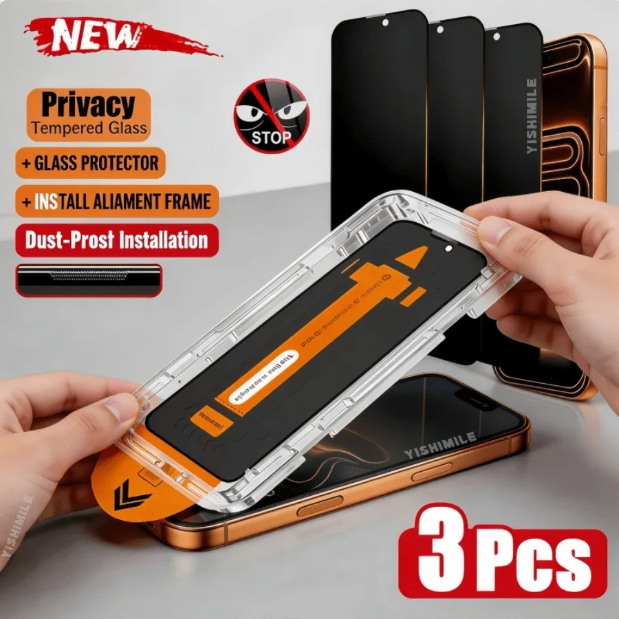 3pcs 9H Anti-Spy Privacy Tempered Glass for Iphone 18 Pro Max/17 Pro Max/16/15/14/13/12/11 - Auto Alignment Installation Frame