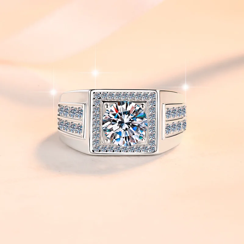 Simple office collocation fits double row halo ring for men with luminous 2ct moissanite over matte PT950 platinum texture