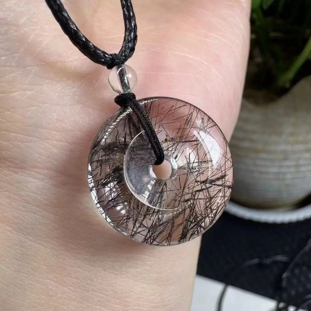 

Цельный цельный кулон с индивидуальной стоимостью, натуральный черный рутилированный кварцевый кристалл, исцеляющая подвеска с пряжкой и кожаной веревкой ручной работы