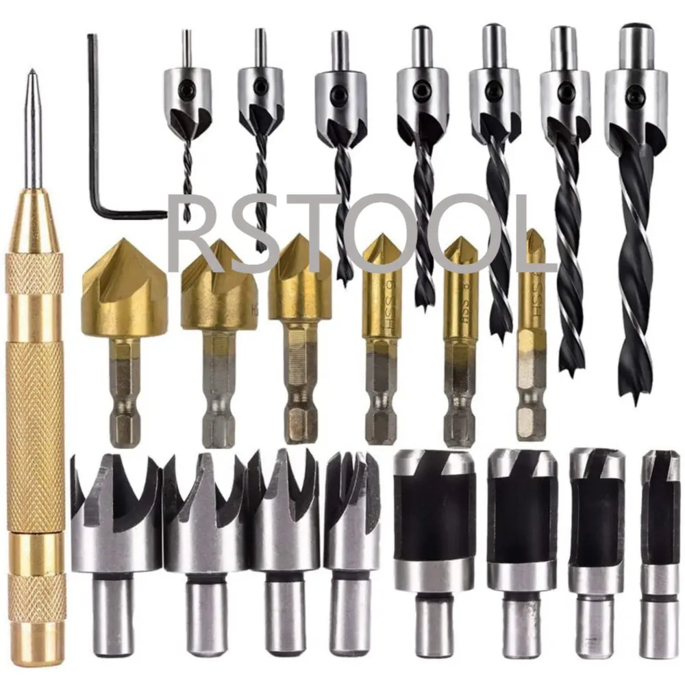 

8PCS Wood Plug cutter,6pcs 1/4" Hex 5 Flute 90 Degree Countersink Drill Bits,7pcs Three Pointed Countersink Drill Bit with L-wre