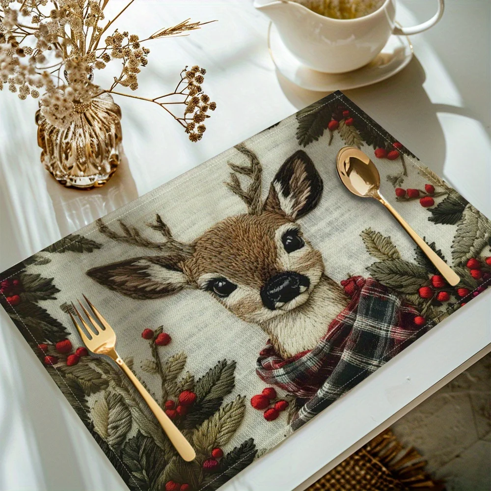 Retro Christmas Linen Placemat Xmas Pine Branch Snow Pattern Heat Resistant Table Mat for Dining Table Home New Year Holiday