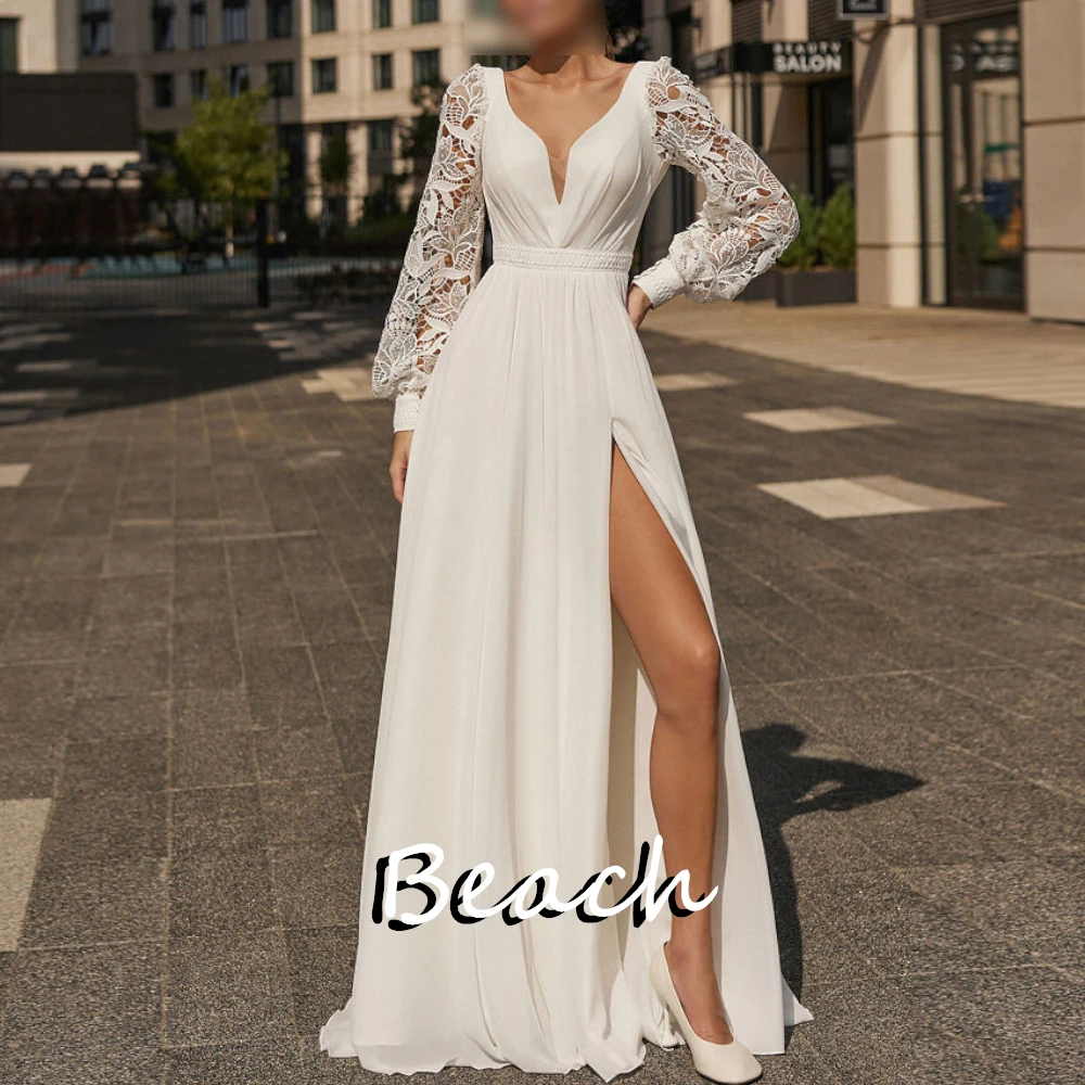 

Beach Deep V Neck Side Silt Solid ivory Empire Sweep Train Floor Length Lace up Back Pleats Fairy Garden Wedding Dress Charming