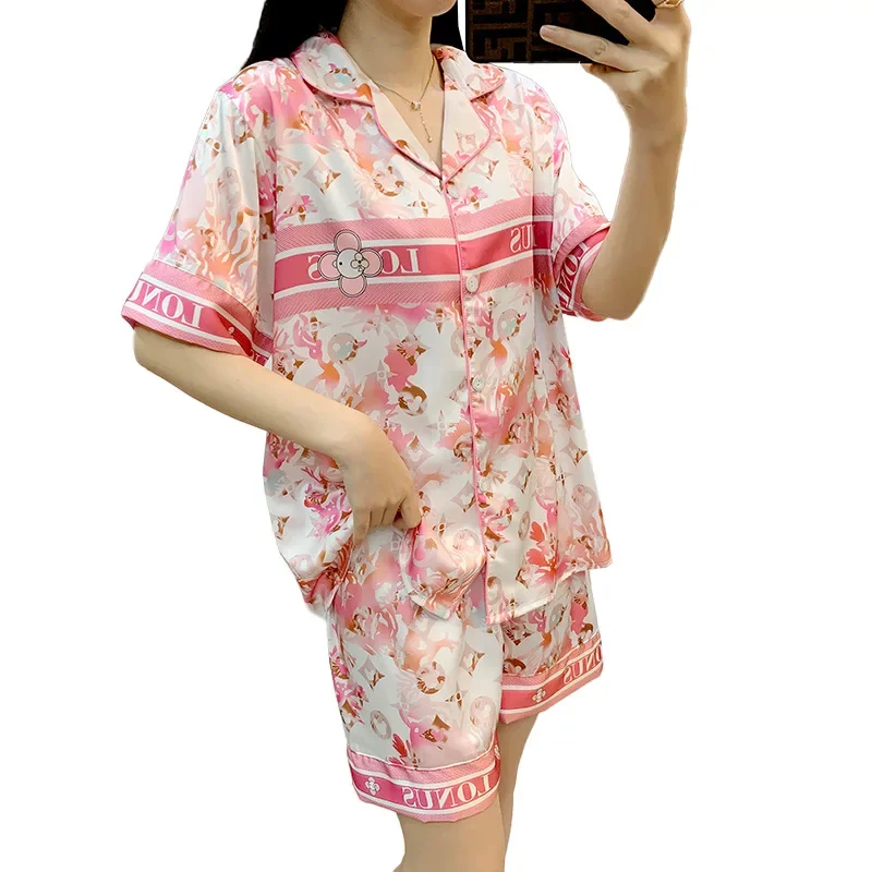 Light Luxury Alphabet Pajamas Women\'s Summer Short-sleeved Ice Silk High-end Comfortable Loungewear Set Pink Floral Silk Pajama