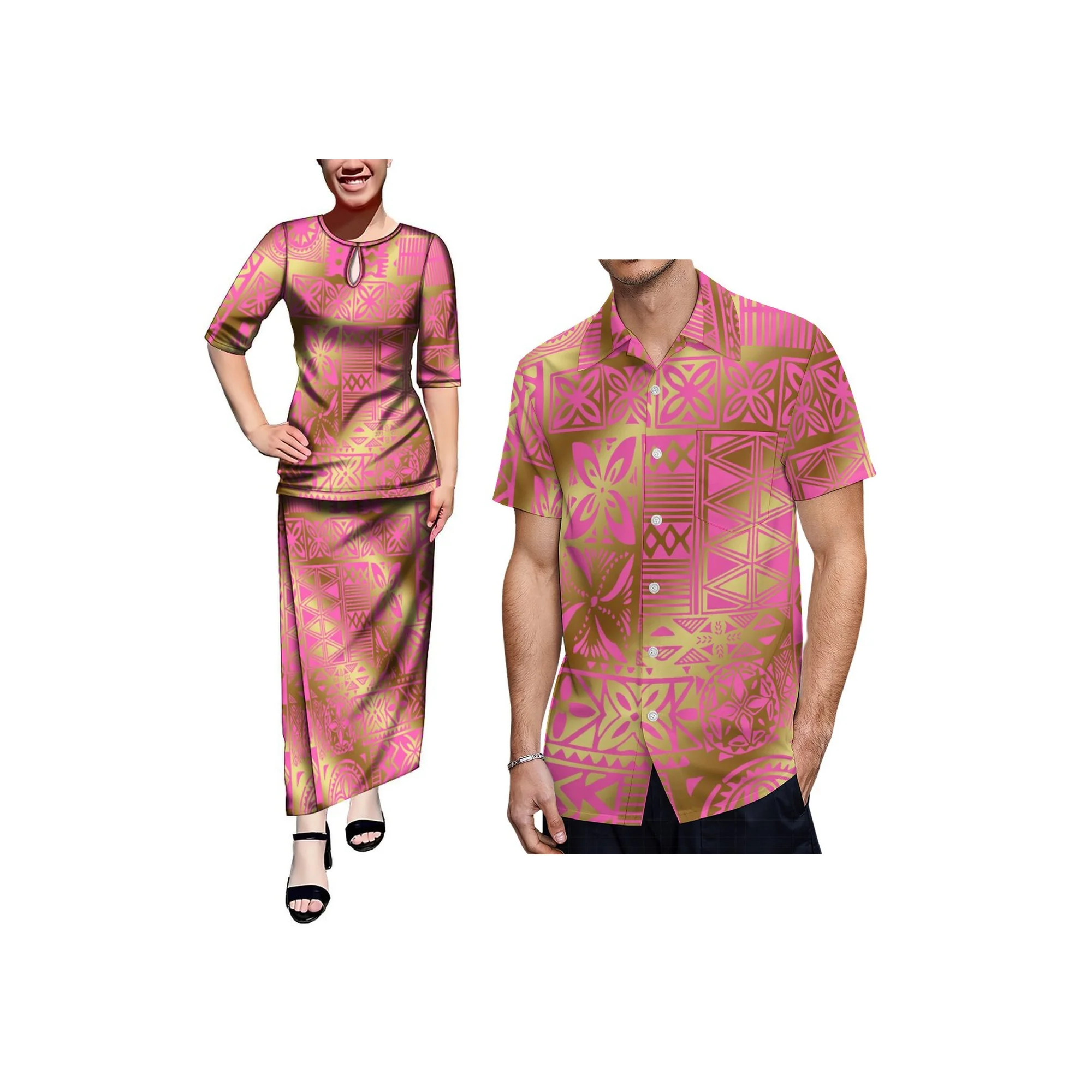 New Factory Custom Polynesia Style Ladies Water Drop Design Dress Samoan Puletasi Set Dress 2Piece Set