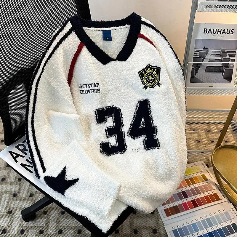 

Loose V-ne Knitted Sweater 2025 College Sle Embroidery ex Retro American Faion Autumn Winter Casual Long Sve
