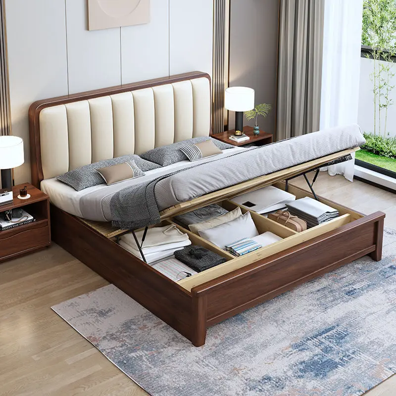 !@Modern Style King Size Solid Wood Double Bed with Multifunctional & Storage for Hotels Manufactured Bedroom Furniture