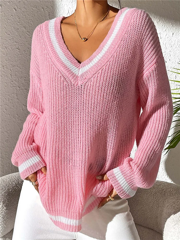 Casual Pullover Sweater for Women Autumn Winter Clothes with Sleeve V Neck Patchwork Sweaters Worm Tops Large Size Black Sweater