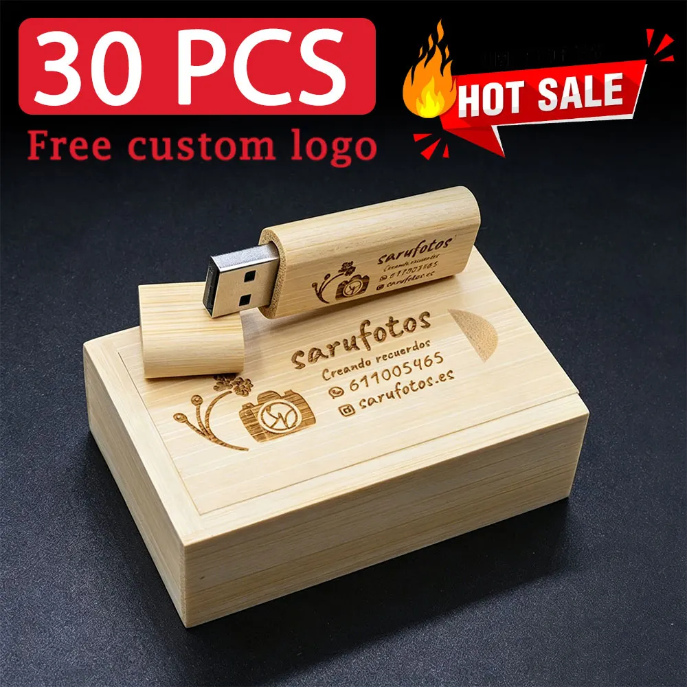 

30pcs/lot Wooden + Box Usb 2.0 Flash Drive 4GB 8GB 16GB Pen Drive 32GB 64GB 128GB Wedding Gift Memory Stick Free Custom Logo
