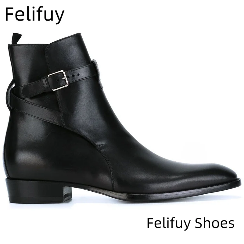 

British Style Black Men's Short Boots Men Chelsea Boots High-top Buckle Strap Formal Shoes Genuine Leather Men Motorcycle Boots
