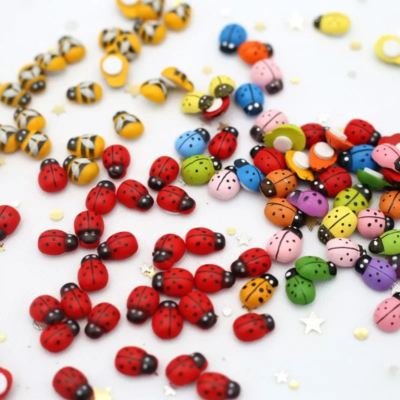 New MINI Wood Bee Ladybug Colorful with Glue Home Refrigerator Wall Decoration DIY Handmade Child Gift Party Accessories 50/100p