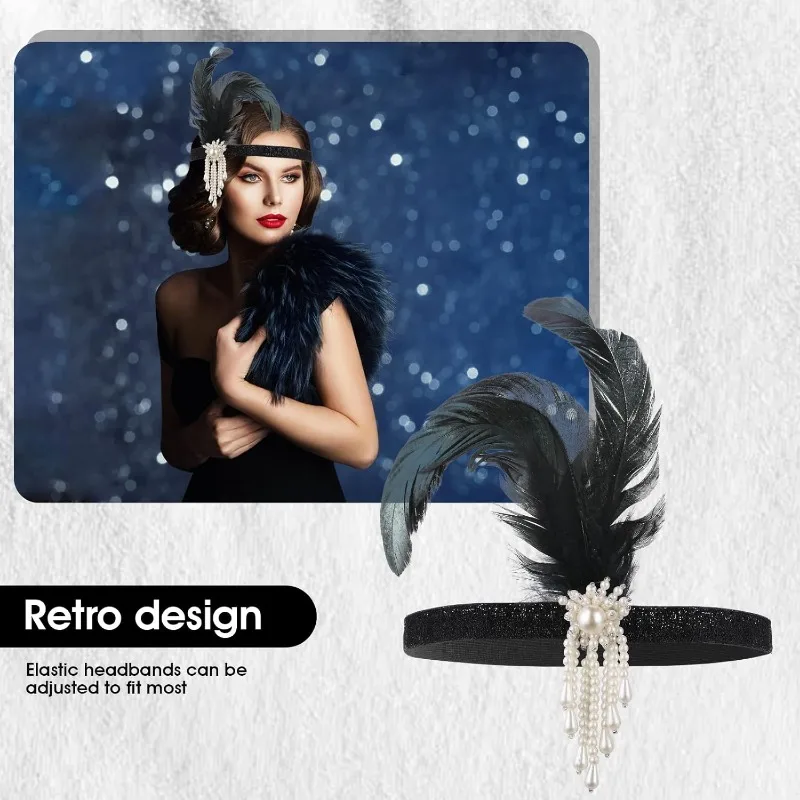 Paquete de 2 diademas estilo flapper de los años 20, tocado de plumas, accesorios para el cabello negros para mujeres y niñas, decoración para fiesta de graduación Gatsby