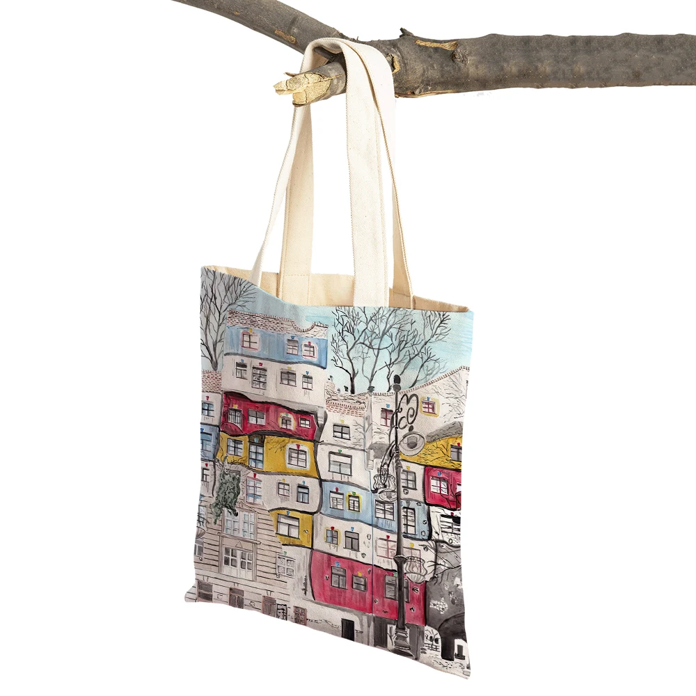 Colorful Travel Cite Landscape Shopper Bags Travel Tote Lady Handbag Both Sides Beauty Scenery Casual Canvas Women Shopping Bag