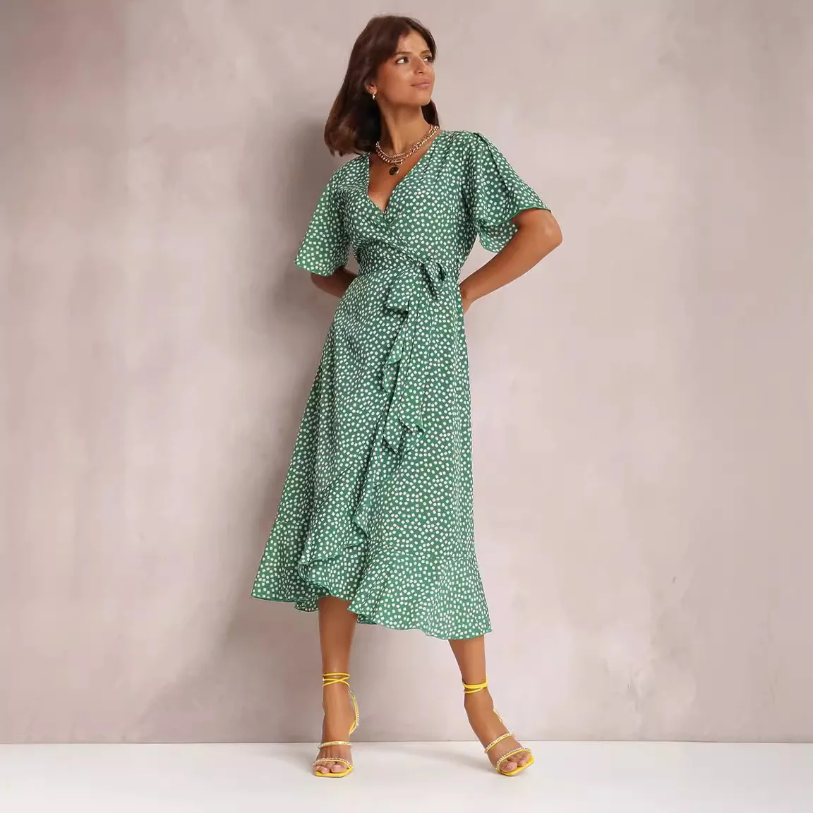 Vestido verde feminino com renda na frente, vestidos de praia boho, robe de verão, maxi, férias