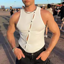 Men's Irregular Button-down Solid Color Tank Tops Casual Sexy O Neck Sleeveless Tees for Men Vintage S-5XL Summer Sknny Vests