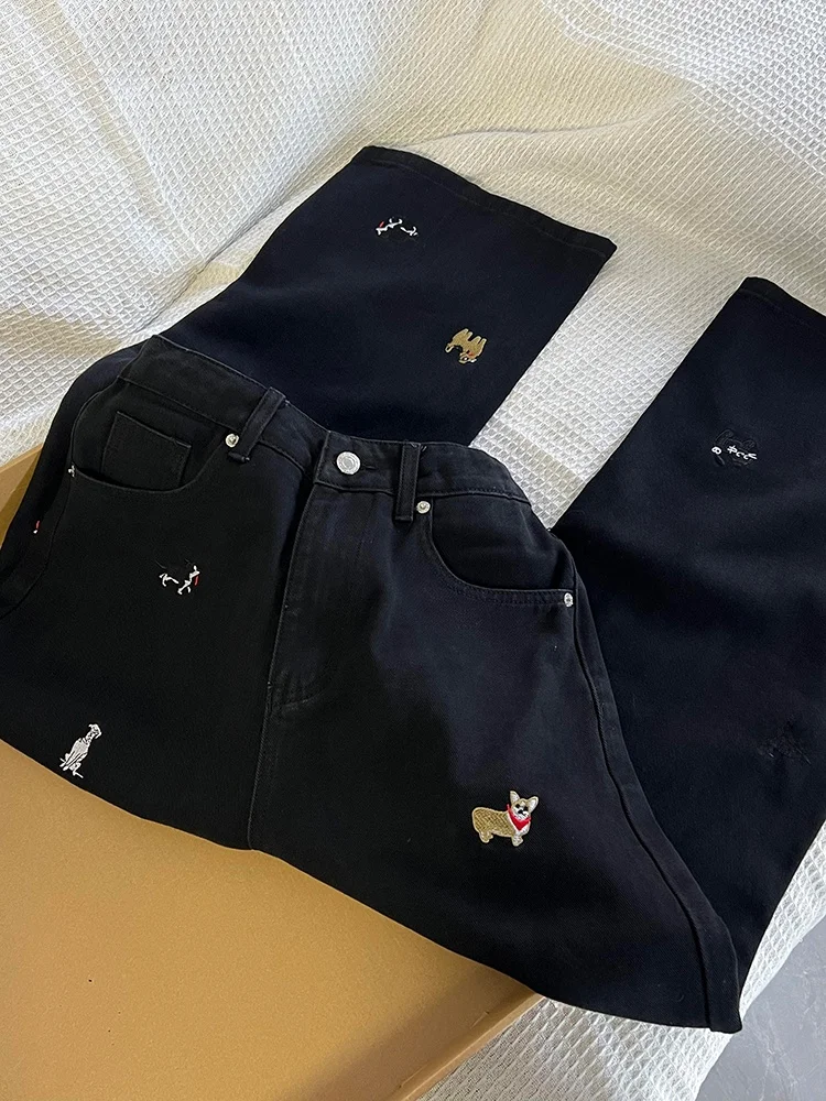 

Bla Embroidered Dog High Waist Wide Leg Loose Fit Women's Jeans Spring Autumn New Design Sensation Floor Length Trousers