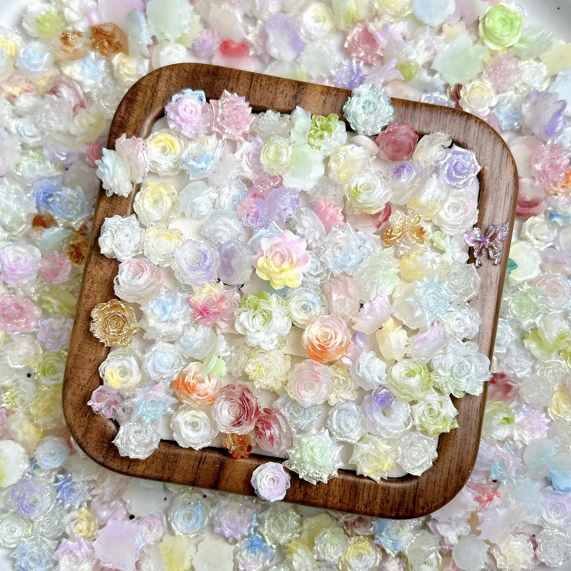 50PCS Mixed Design Silver Glitter Soft 3D Acrylic Flower Accessories Charm Parts For Nails Decoration Manicure Supplies Material
