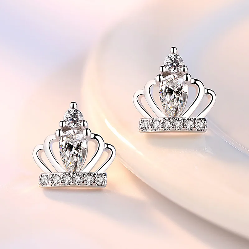 Sterling Silver Color Shinning Crown Ear-Sticks Women\'s Earrings Fashion Jewelry