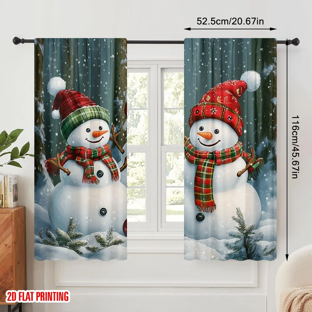 2pcs,2D plane printing Curtains&Window Treatment Charming Snowmen Winter Forest (2) Versatile 100% Polyester (without rod)