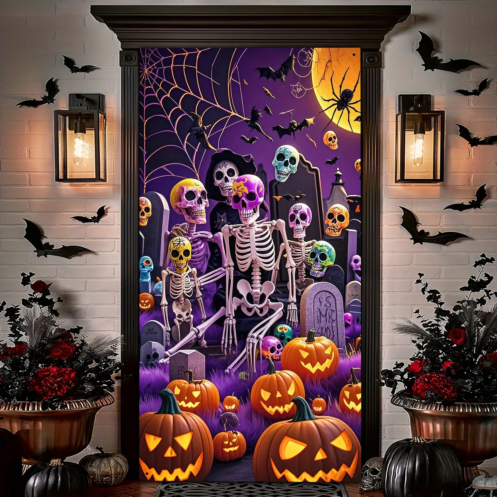 1 flacher 2D-Hintergrund mit Halloween-Thema – Totenkopf- und Kürbis-Design, Halloween-Dekoration, keine Strom erforderlich – Sjs