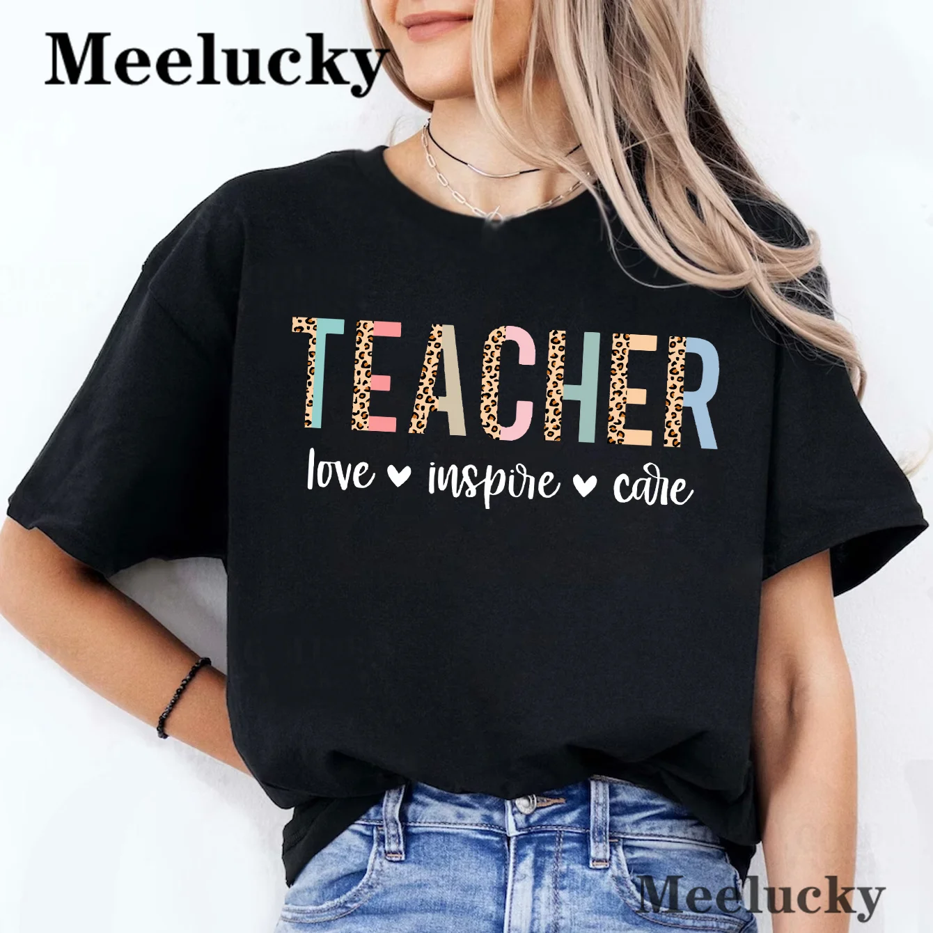 Summer Women T-shirt 2023 Fashion Teacher Love Inspire Care Letter Print T shirt Graphic t shirts Short Sleeve Ladies