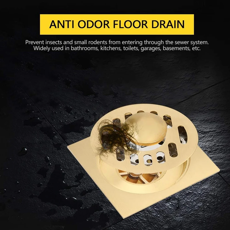 Brass Square Floor Drain Shower Bathroom Sink Drain 4X4 Inch Anti-Odor Copper Floor Drain For Kitchen Toilet Household