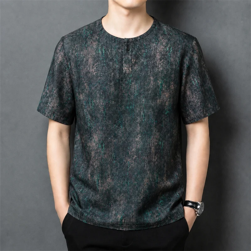 Vintage Green T Shirt For Men Short Sleeve Luxurious Silk 100% Summer High-Quality Skin-Friendly Lightweight Camisetas De Hombre