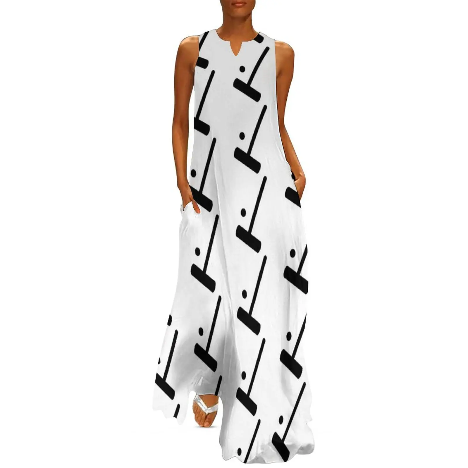 

Silhouetted Croquet Mallet and Ball Patterned Long Dress Women"s skirt Elegant gown Female clothing